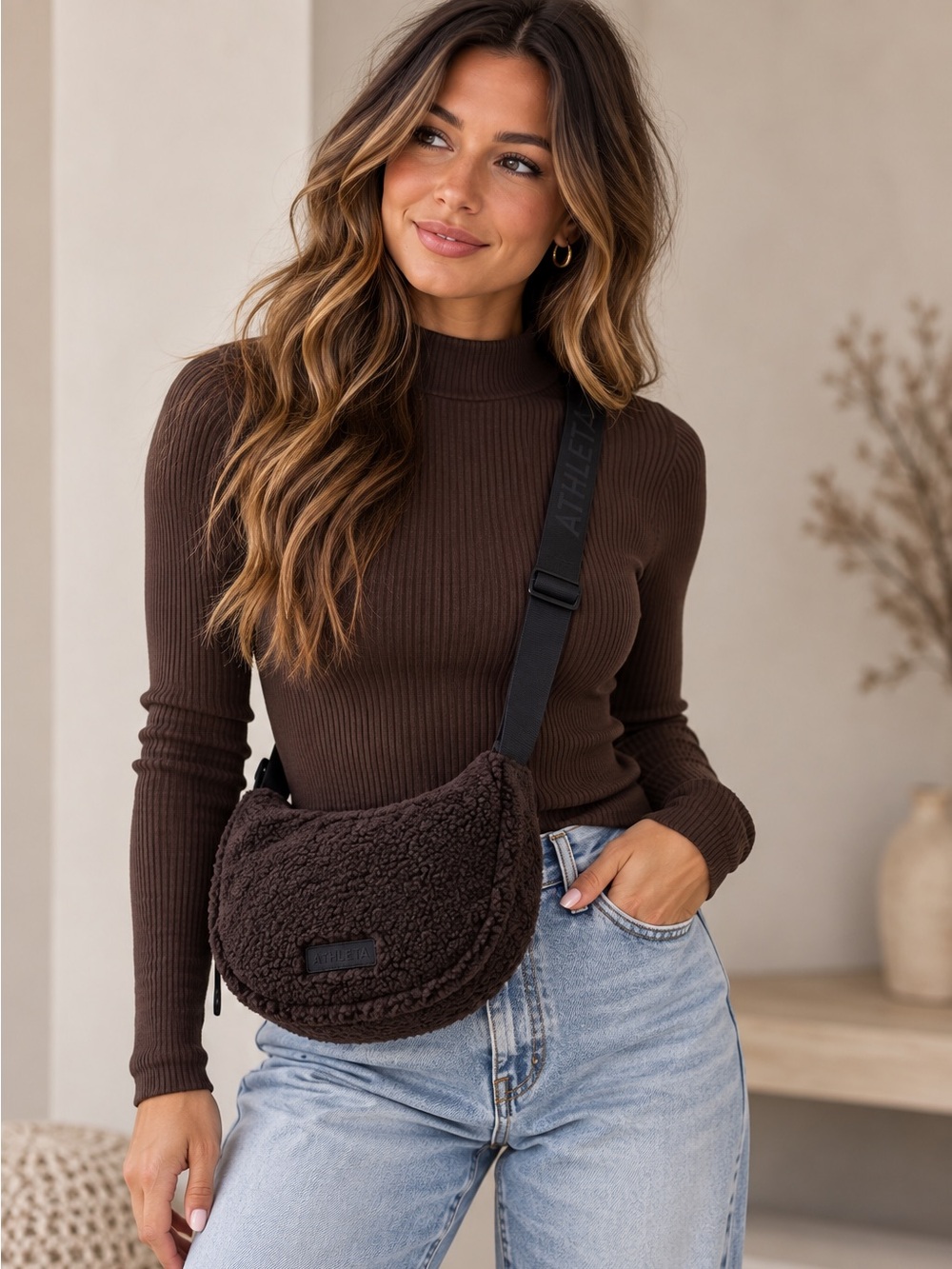 NWT Athleta All About Sherpa Mini Chocolate Shearling Crescent Shoulder Bag